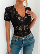 Sheer Lace V-Neck Short Sleeve Top for Women - Slightly Stretchy, Elegant Style - Store 42