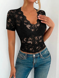 Sheer Lace V-Neck Short Sleeve Top for Women - Slightly Stretchy, Elegant Style - Store 42