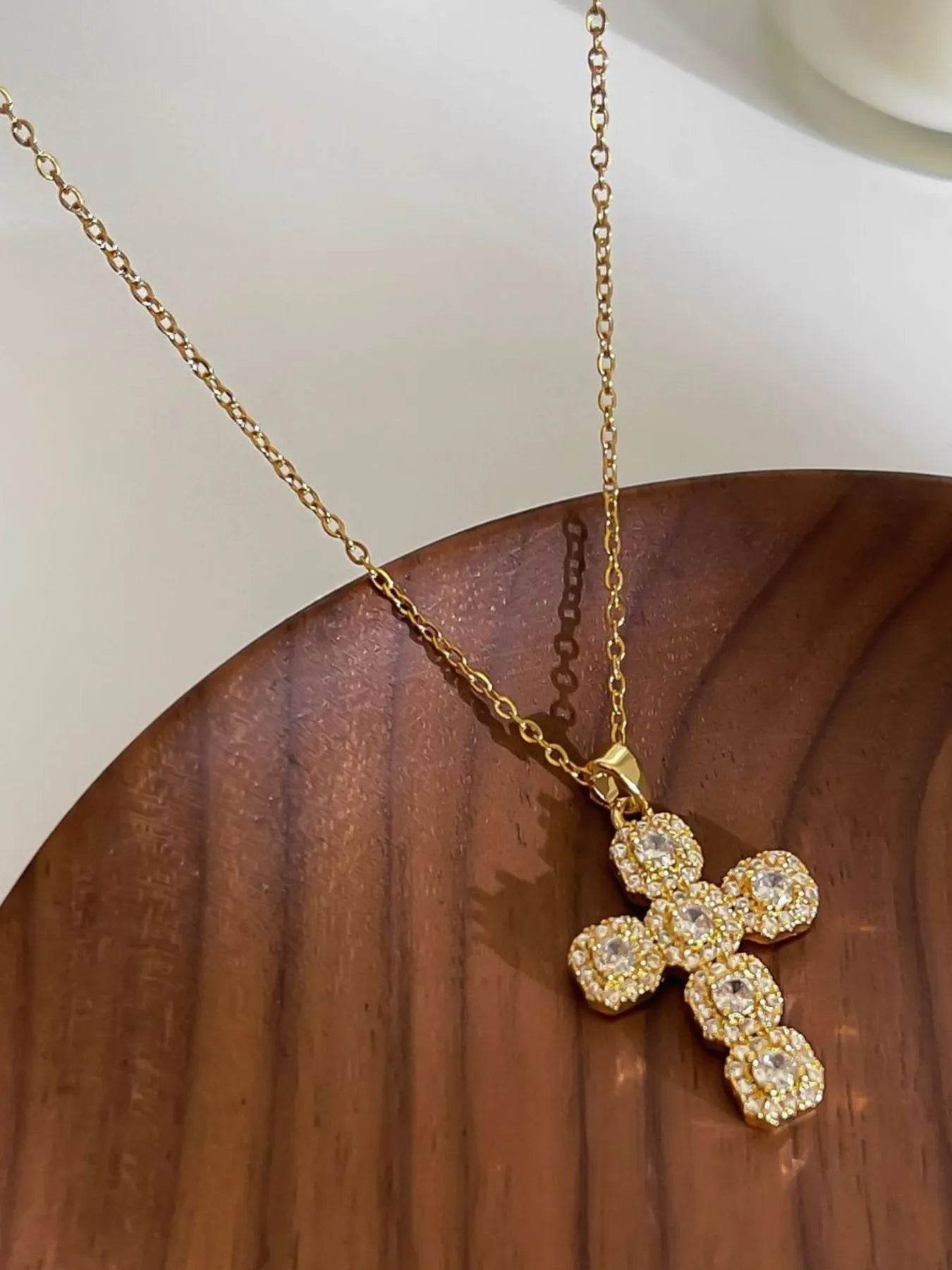 Elegant Stainless Steel Zircon Cross Necklace with 14K Gold-Plated Finish - 18.1 Inch Chain - Store 42