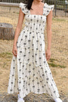 Bow Print Smocked Square Neck Ruffle Tiered Maxi Dress White