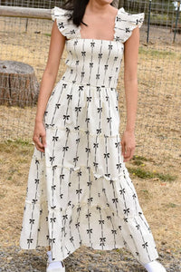 Bow Print Smocked Square Neck Ruffle Tiered Maxi Dress White