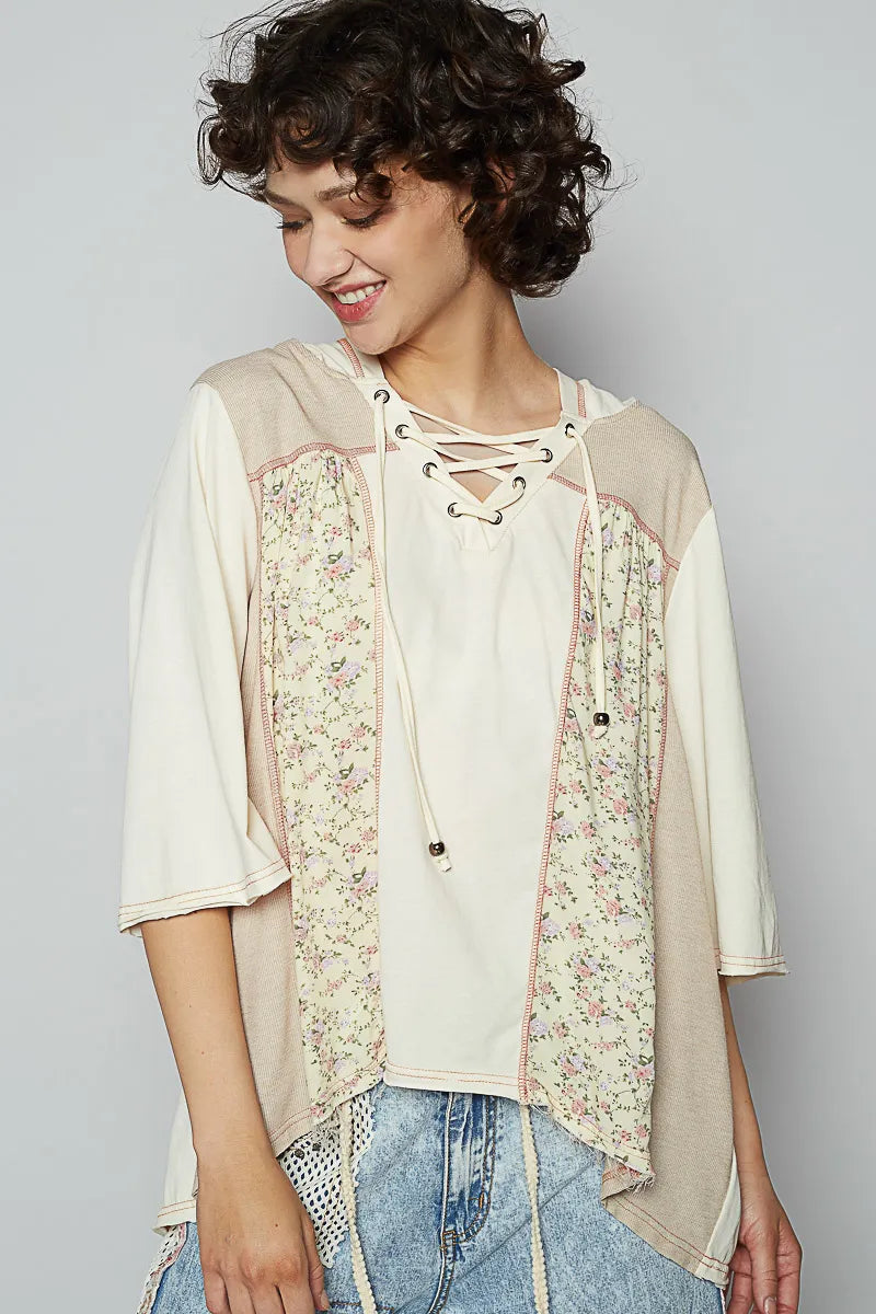 POL Lace-Up Hooded T-Shirt with Paisley Panel Detail