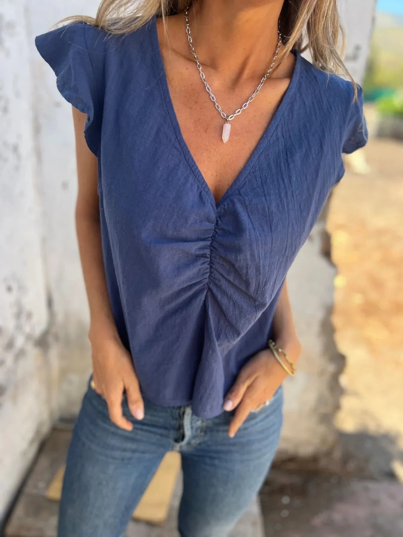 Full Size Ruched V-Neck Cap Sleeve Blouse Plus Size