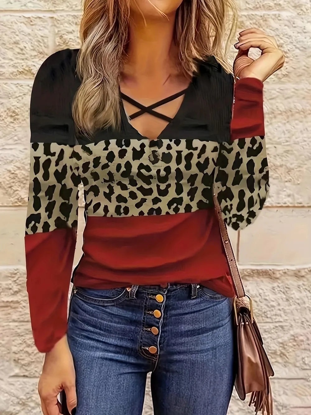 Trendy Women's Crisscross Color Block Long Sleeve T-Shirt - Opaque, Stretchy, Cotton Blend