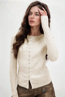 Basic Bae Texture Button Up Round Neck Long Sleeve Top Beige