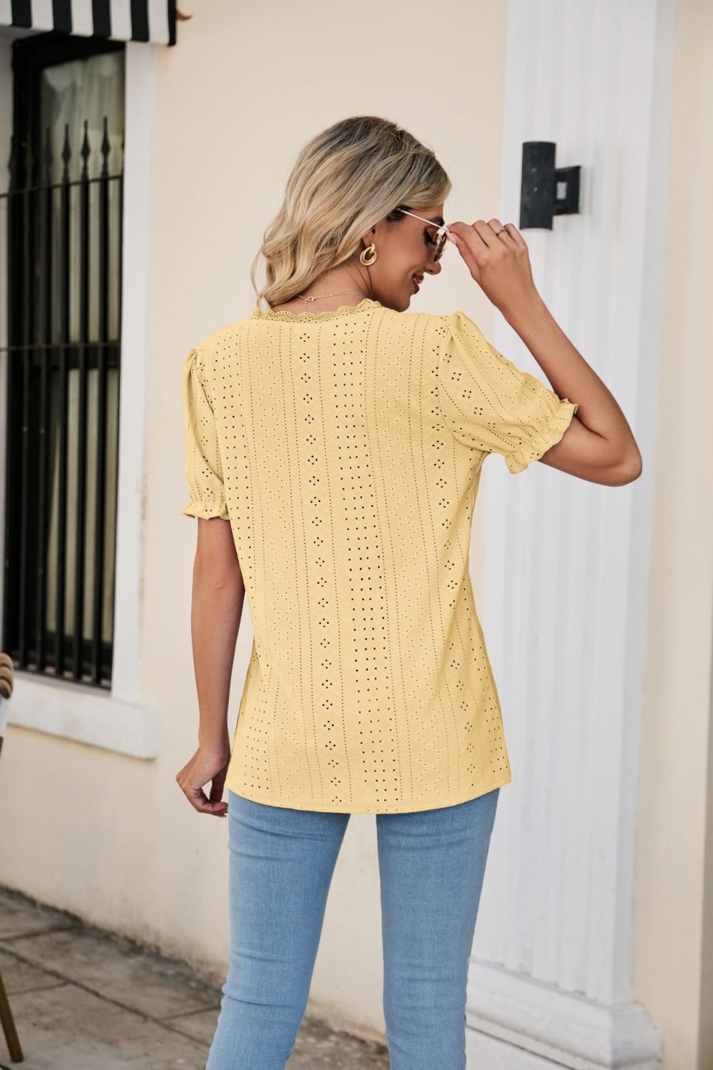 Solid Eyelet Flounce Sleeve Scalloped V-Neck Top - Casual Semi-Sheer 100% Polyester