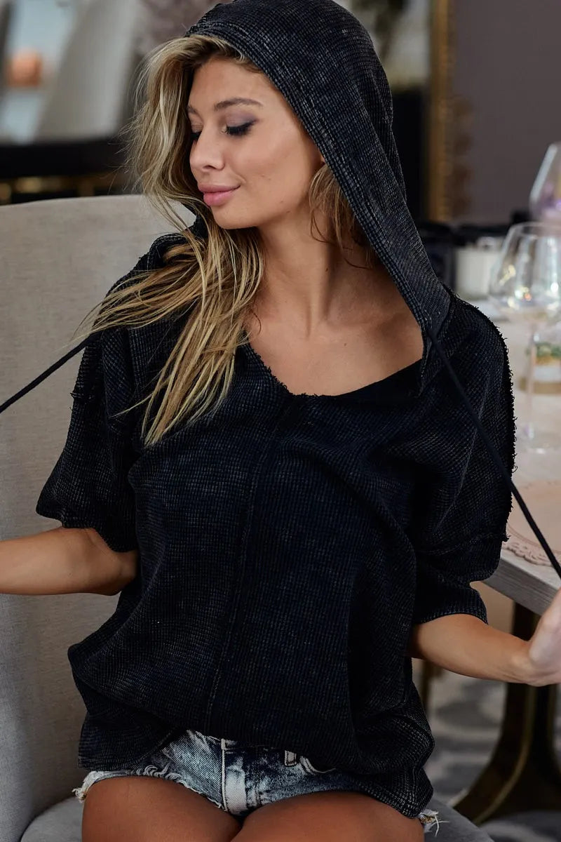 Trendy BiBi Mineral Washed Short Sleeve Hoodie Top with Pocket - Casual & Sporty Style
