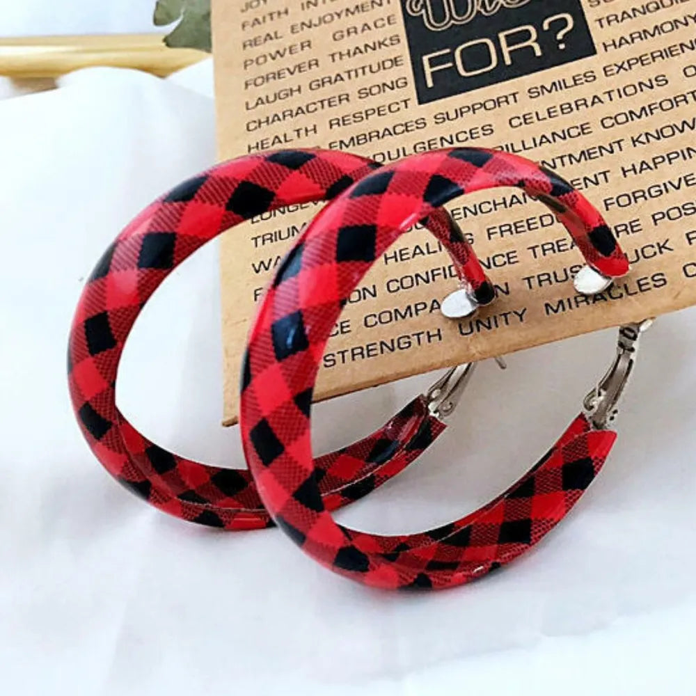 Trendy Plaid PU Leather Hoop Earrings - Stylish Alloy Design, 2.4" Long, Imported