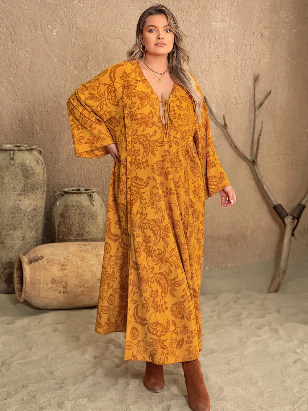 Stylish Plus Size Long Sleeve Dress with Slit - Opaque 95% Polyester Blend