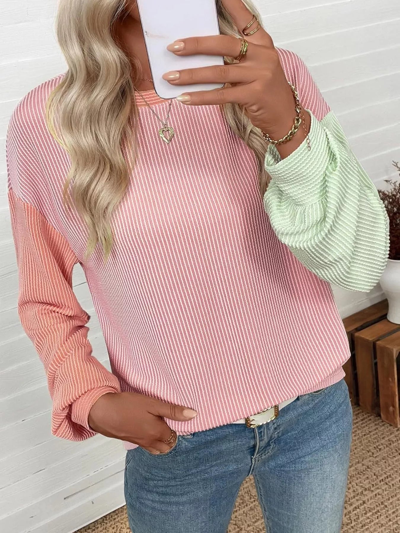 Trendy Color Block Ribbed Long Sleeve T-Shirt – Slightly Stretchy, Soft Polyester Blend