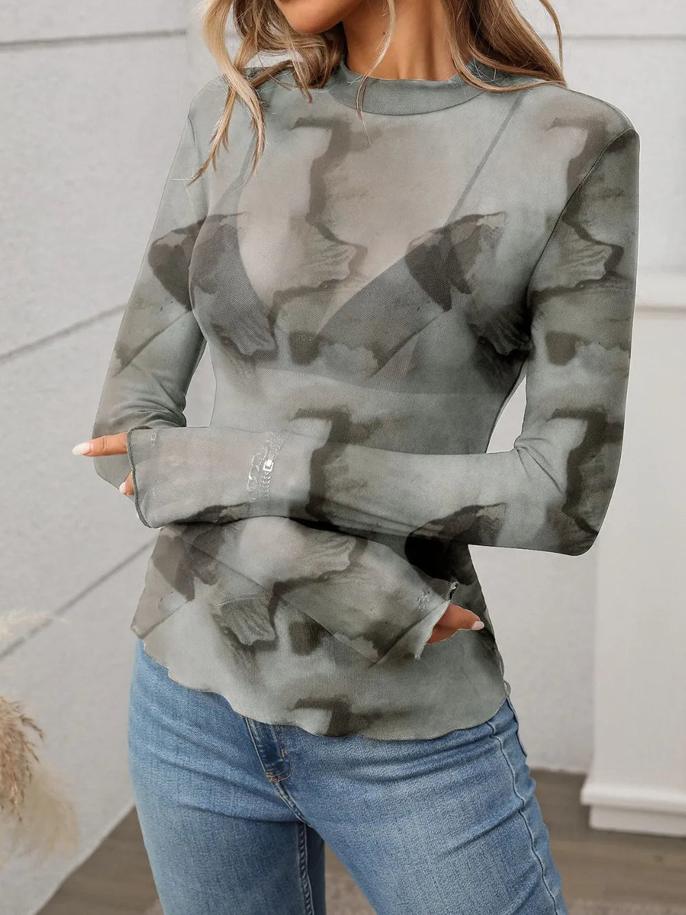 Trendy Printed Mock Neck Long Sleeve Sheer Mesh T-Shirt with Moderate Stretch