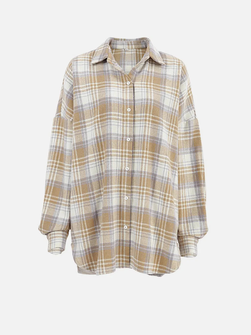 Plaid Collared Button-Up Shirt with Dropped Shoulders - 100% Polyester, Opaque, Imported