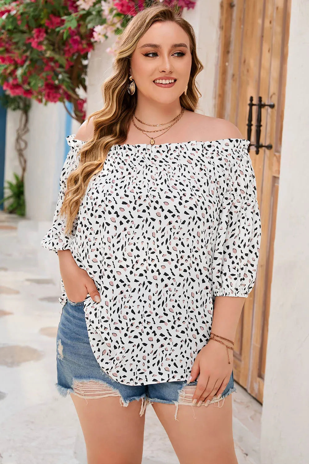 Plus Size Opaque Printed Off-Shoulder Half Sleeve Blouse in 100% Polyester - Trendsi