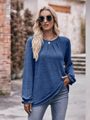 Slightly Stretchy Ruched Round Neck Long Sleeve T-Shirt - Casual Everyday Essential - Store 42