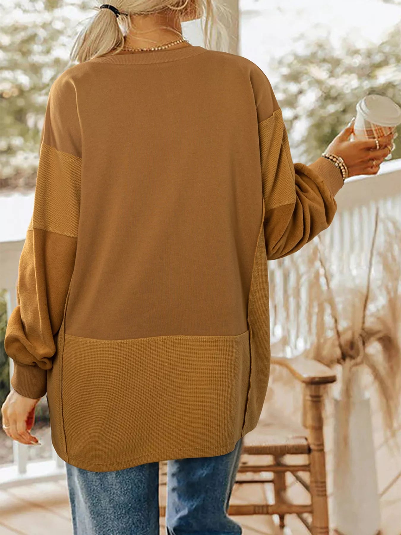 Trendy Oversized High Low Sweatshirt with Textured Fabric and Pocket, Soft Cotton Blend