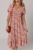 Floral Square Neck Knotted Ruffle Midi Dress Dusty Pink