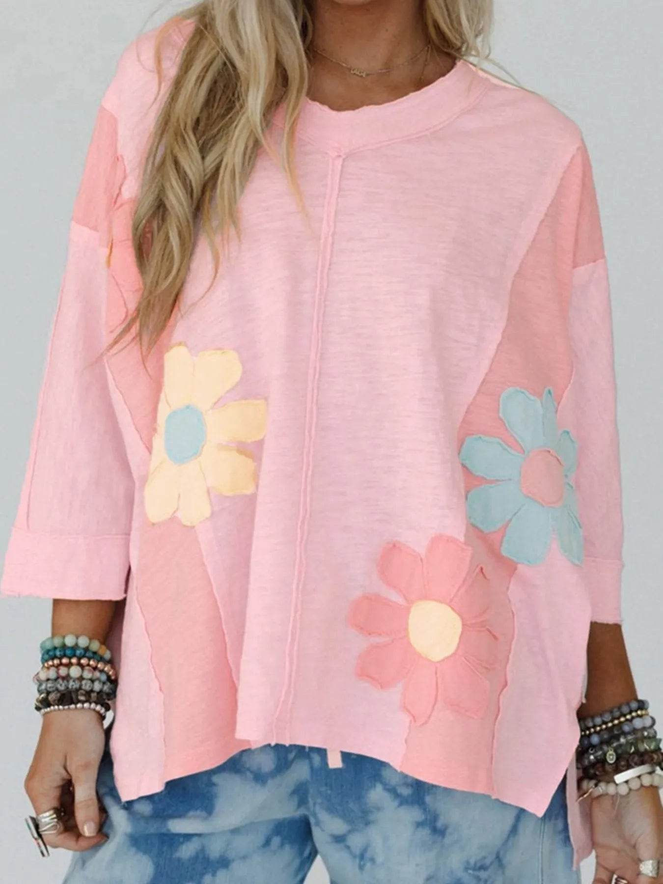 Floral Applique Oversized T-Shirt with Exposed Seams - 65% Polyester 35% Cotton