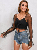Chic V-Neck Drawstring Flounce Sleeve Cropped Top in Solid Polyester - Store 42