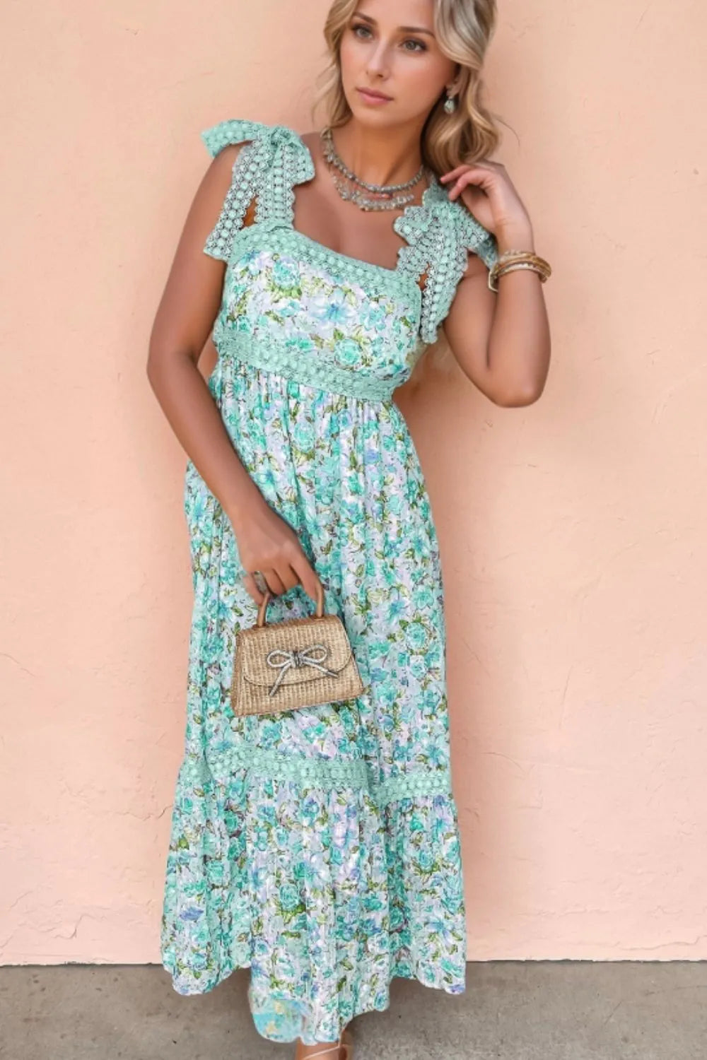 Floral Lace Detail Square Neck Dress - Partially Lined, Bow Tie Accent, Elegant Style