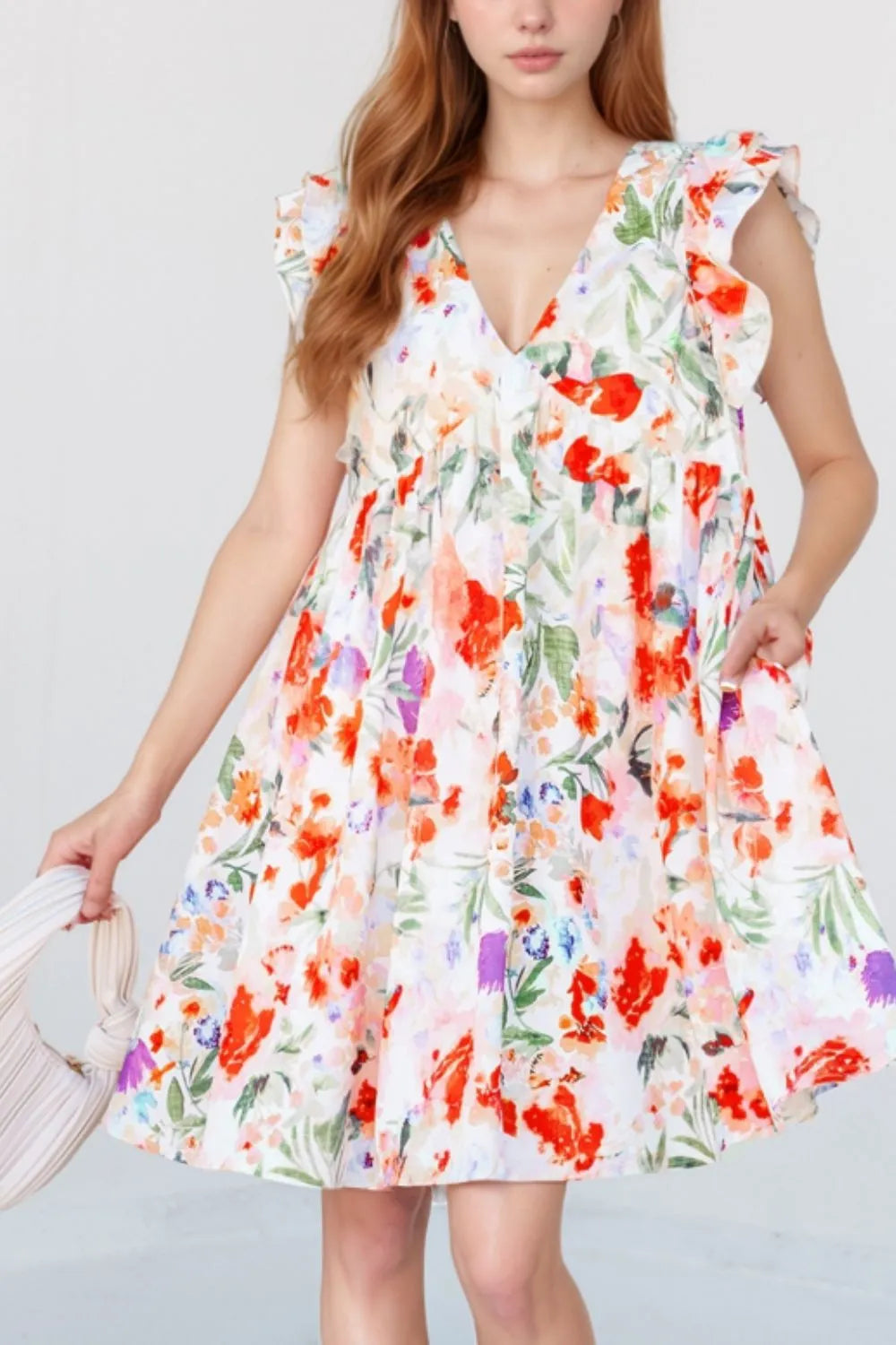 Floral Mini Dress with Double Ruffle Sleeves and V Neck - Perfect for Spring Outings