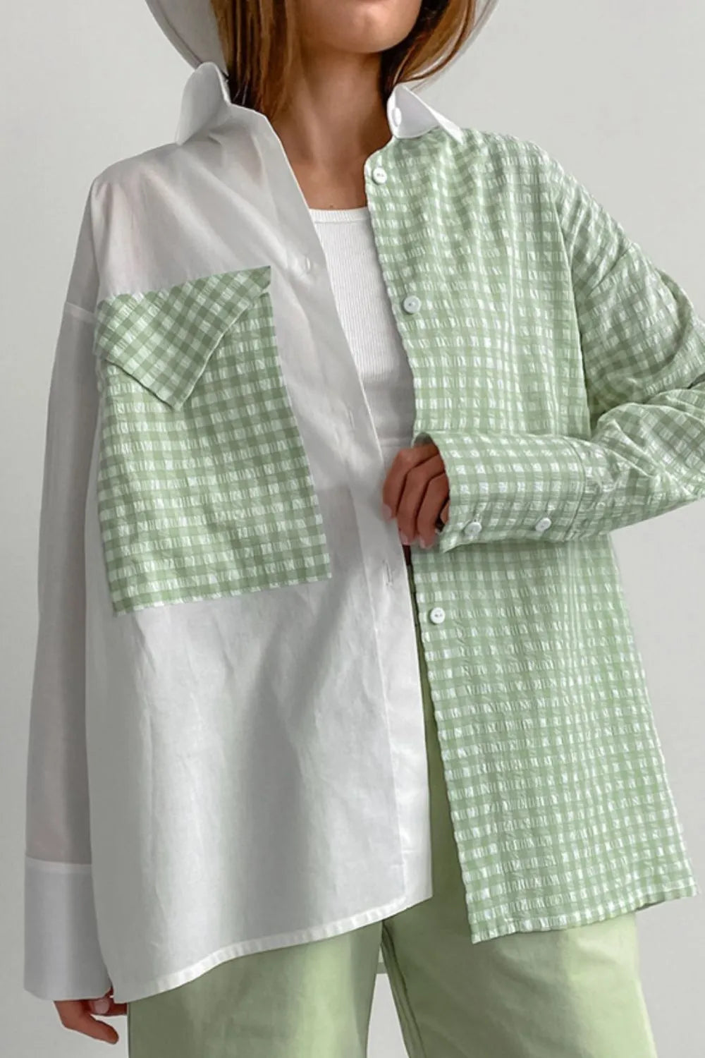 Stylish Two-Tone Plaid Button Down Long Sleeve Shirt with Pocket - Opaque Fabric, Perfect for Layering