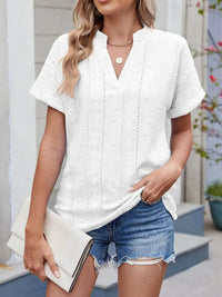 Trendy Eyelet Notched Short Sleeve Top in 65% Rayon - Stylish & Versatile Women's Wear - Store 42