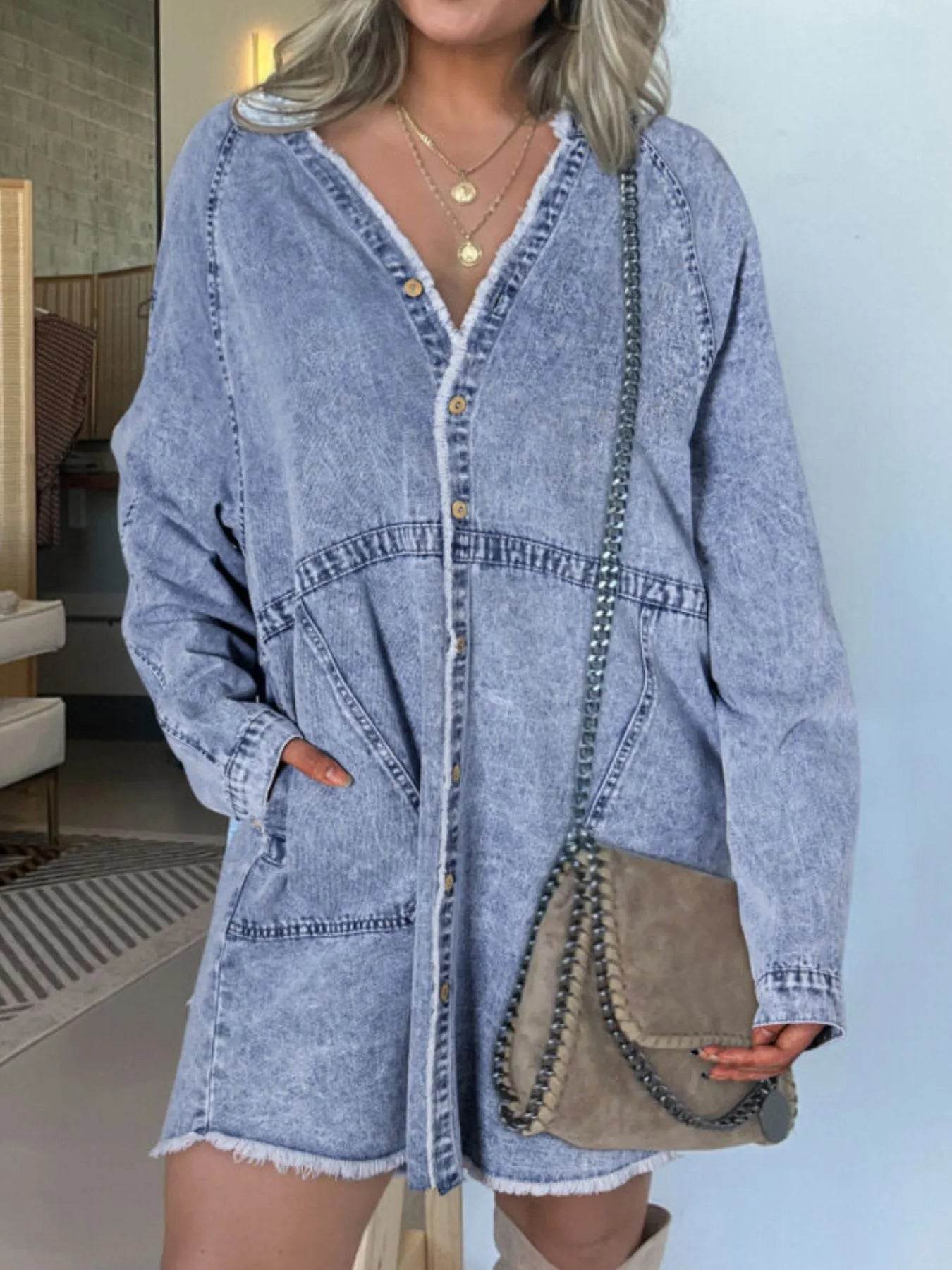 Full Size Button-Front Long Sleeve Denim Shirt Dress Plus Size