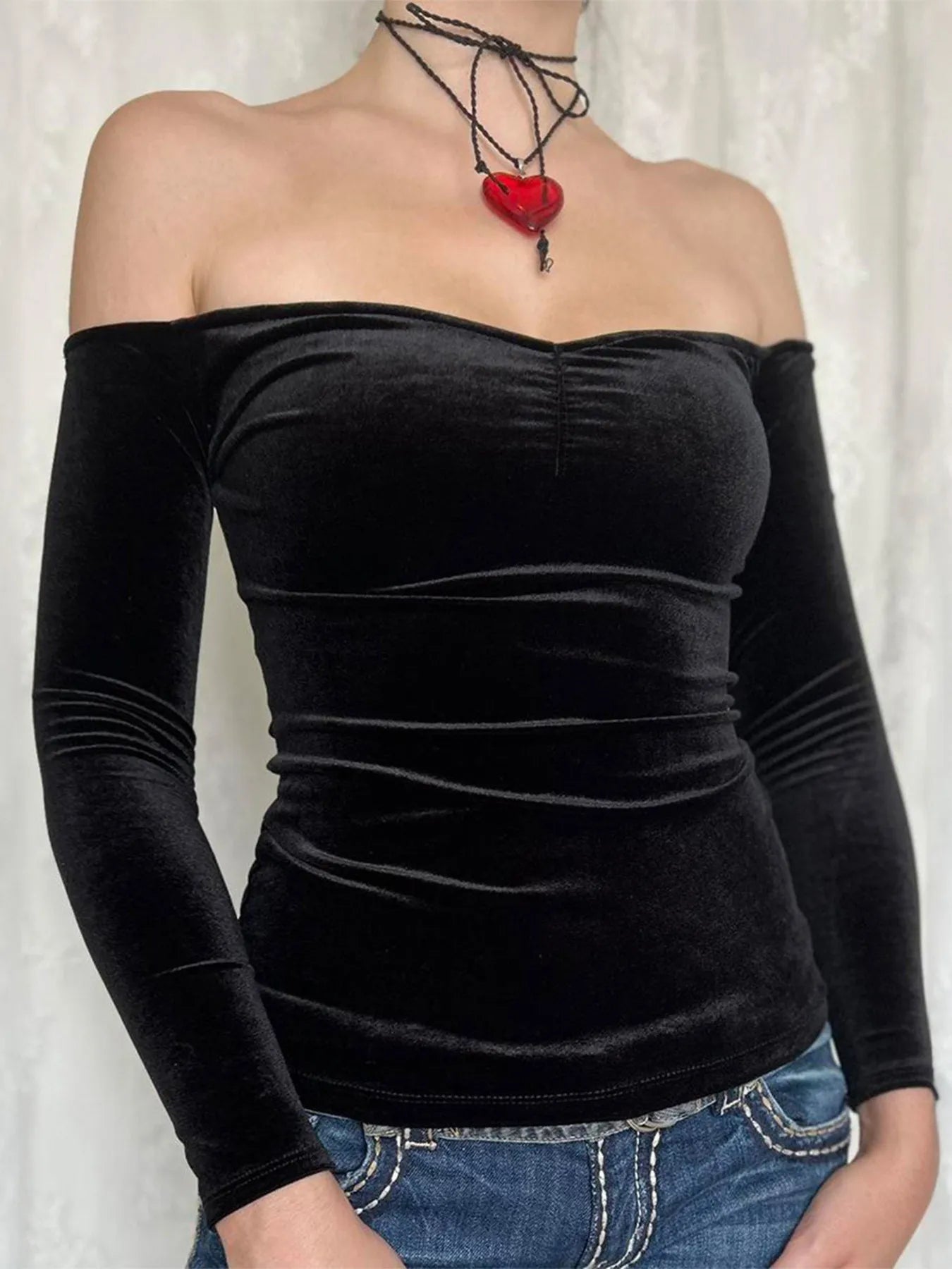 Trendy Off-Shoulder Long Sleeve Ruched Top with Moderate Stretch - 92% Polyester, 8% Elastane