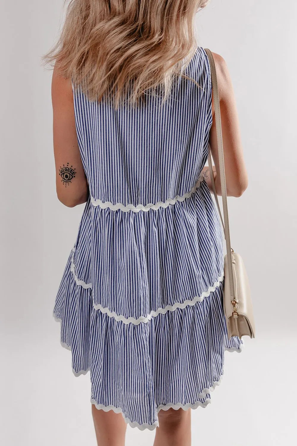Stripe Mini Dress With Sleeveless Design, Notched Neckline & Tiered Frills - 100% Cotton