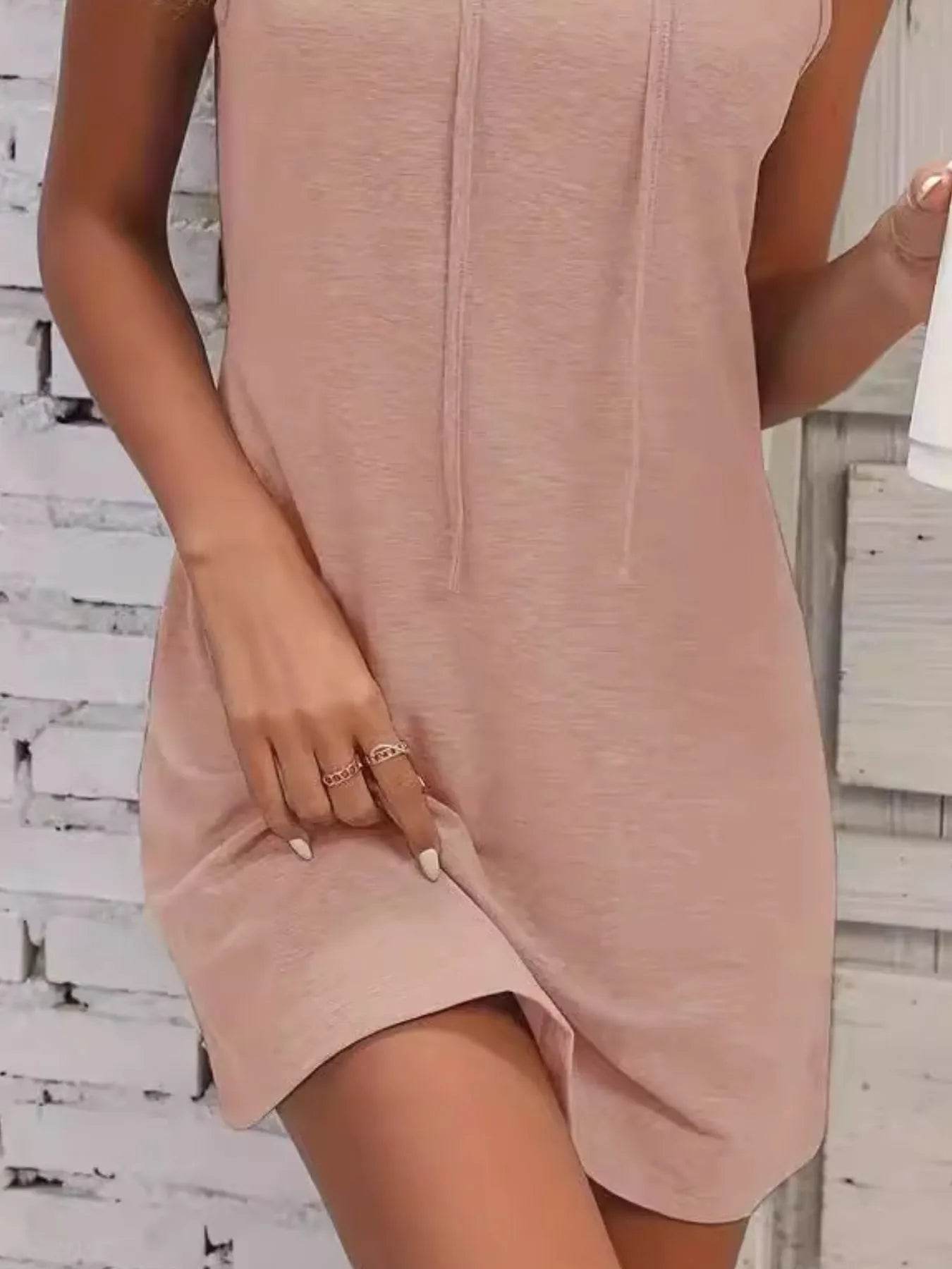 Full Size Drawstring Casual Sleeveless Hooded Mini Dress Plus Size - Store 42