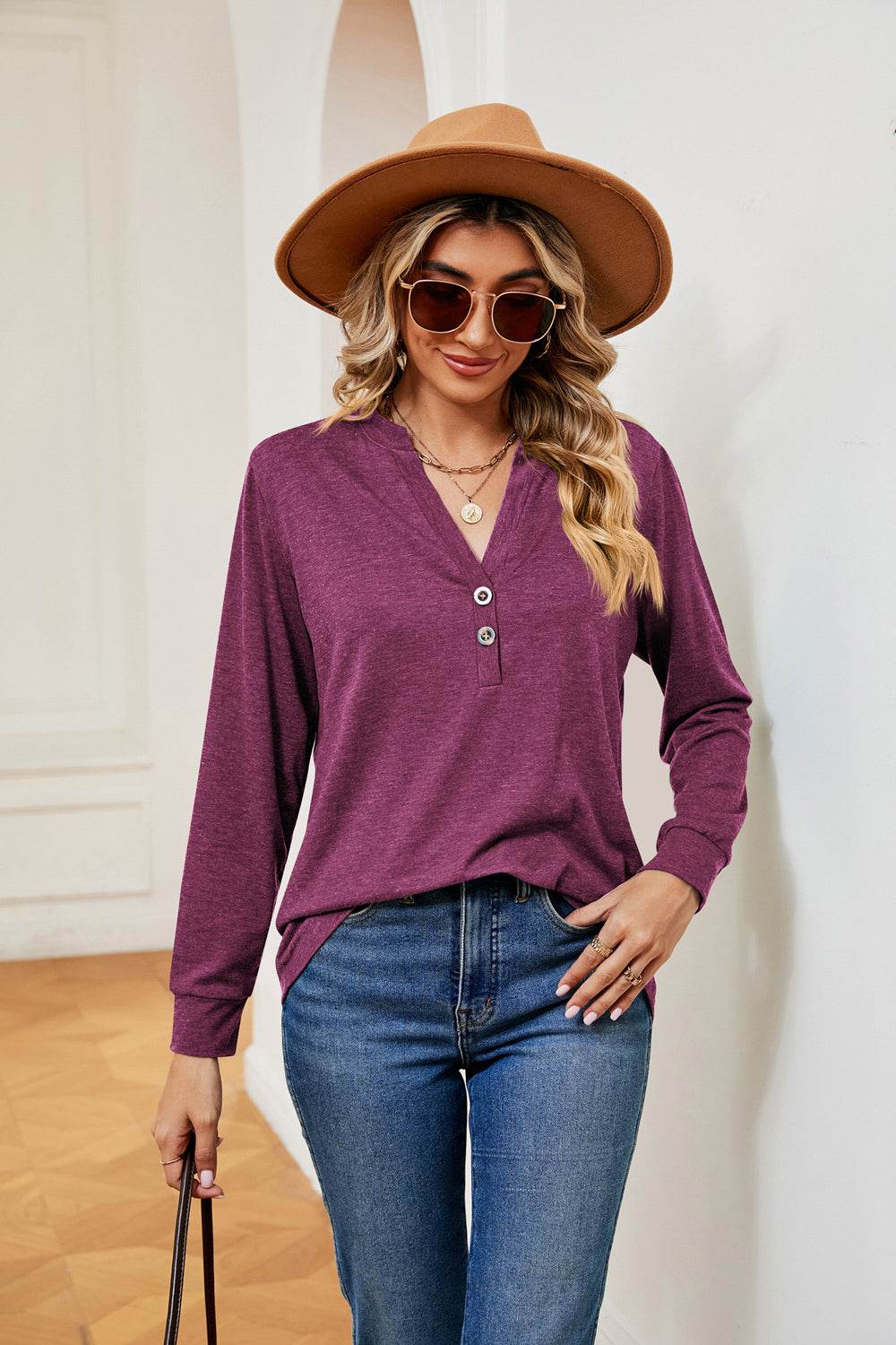 Trendsi Buttoned Notched Neck Long Sleeve Top - Slightly Stretchy Opaque Fabric - Store 42