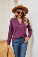 Trendsi Buttoned Notched Neck Long Sleeve Top - Slightly Stretchy Opaque Fabric - Store 42