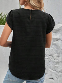 Slightly Stretchy Round Neck Ruched Petal Sleeve Top - 95% Polyester, 5% Spandex - Store 42