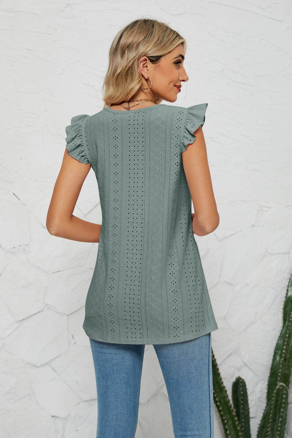 Trendy Smocked Round Neck Eyelet Top with Cap Flutter Sleeves - Casual Long Length Blouse - Store 42