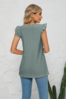 Trendy Smocked Round Neck Eyelet Top with Cap Flutter Sleeves - Casual Long Length Blouse - Store 42