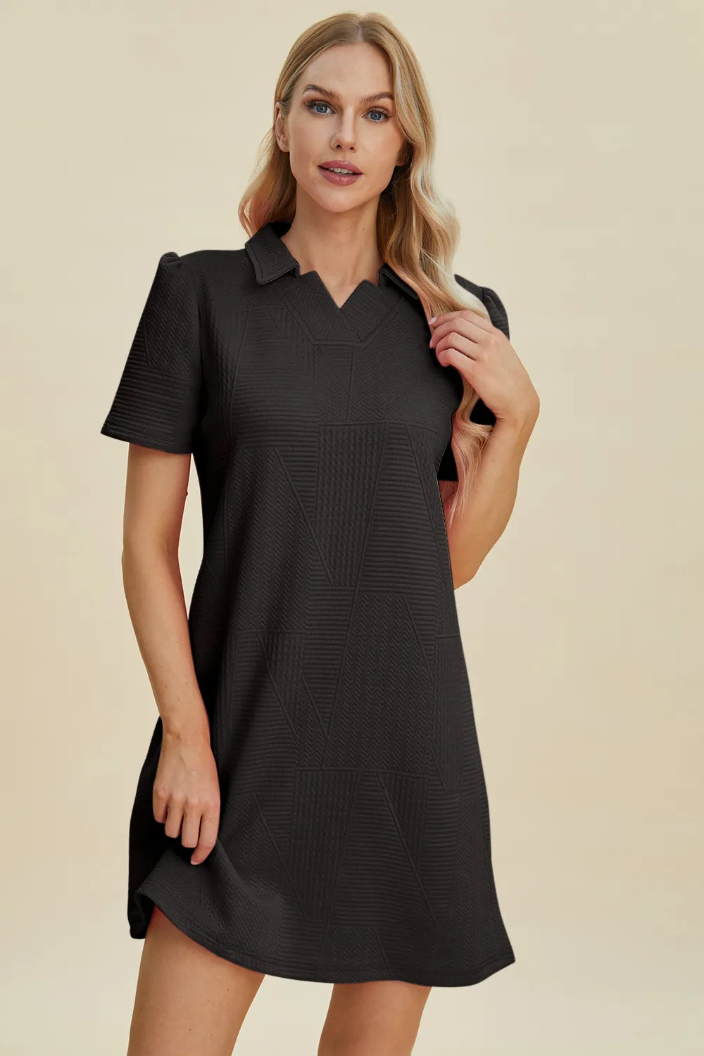 Double Take Full Size Texture Short Sleeve Dress Black