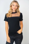 White Birch Mesh Pearl Detail Short Sleeve T-Shirt Black