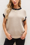 Textured Knit Sweater with Contrast Trim Details Khaki
