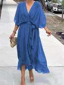 Full Size Flowy Tie Front Midi Dress with Flutter Sleeves Plus Size - Store 42