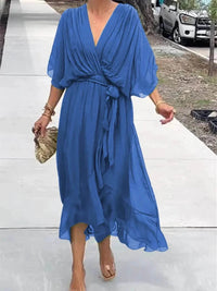 Full Size Flowy Tie Front Midi Dress with Flutter Sleeves Plus Size - Store 42