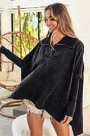 BiBi Vintage Washed Oversized Quilted Half Zip Sweatshirt with Fleece Lining and Ribbed Cuffs - Store 42