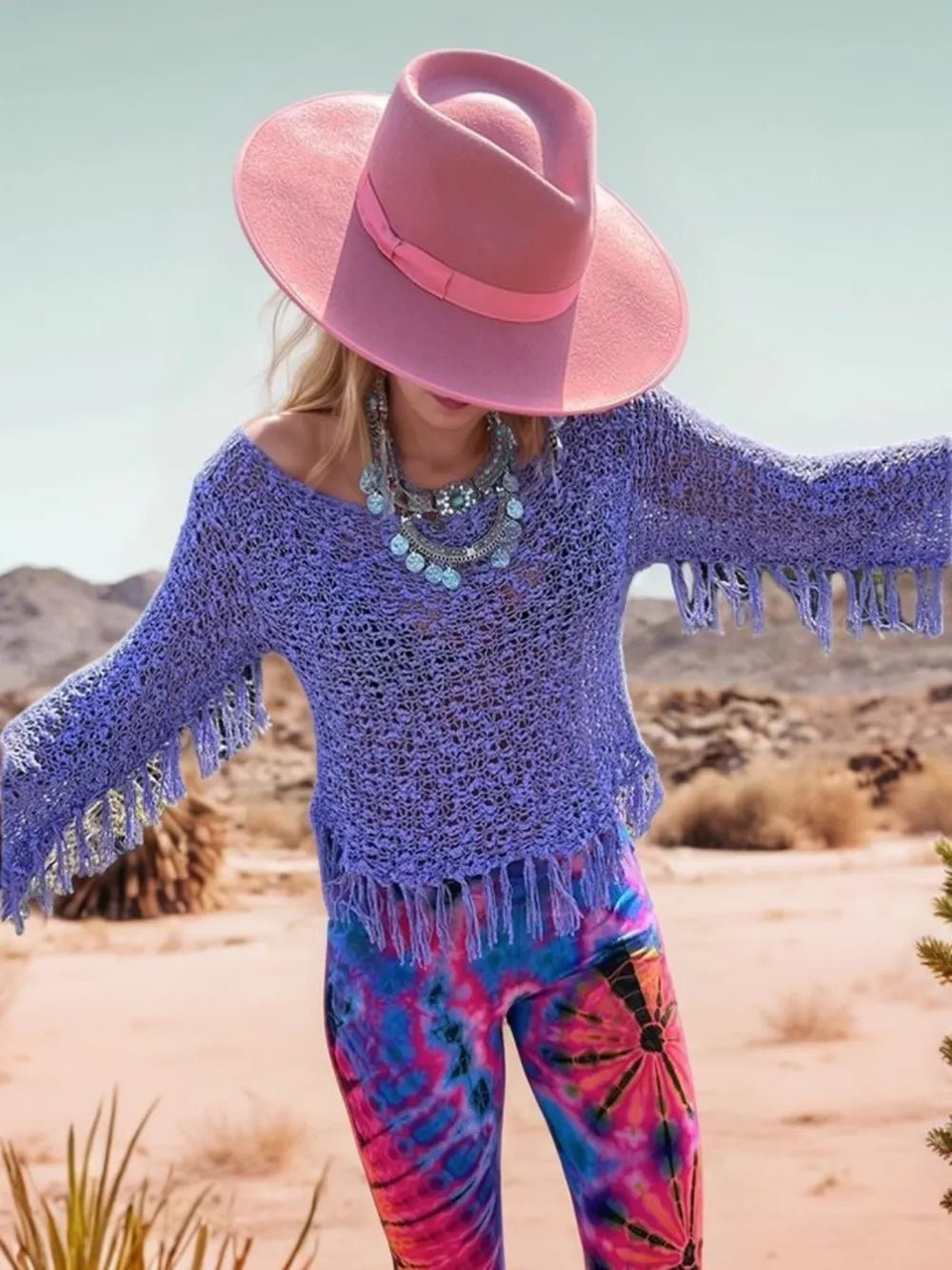Tassel Crochet Boat Neck Cover Up - Lightweight Knit Beachwear, 100% Acrylic, Machine Washable