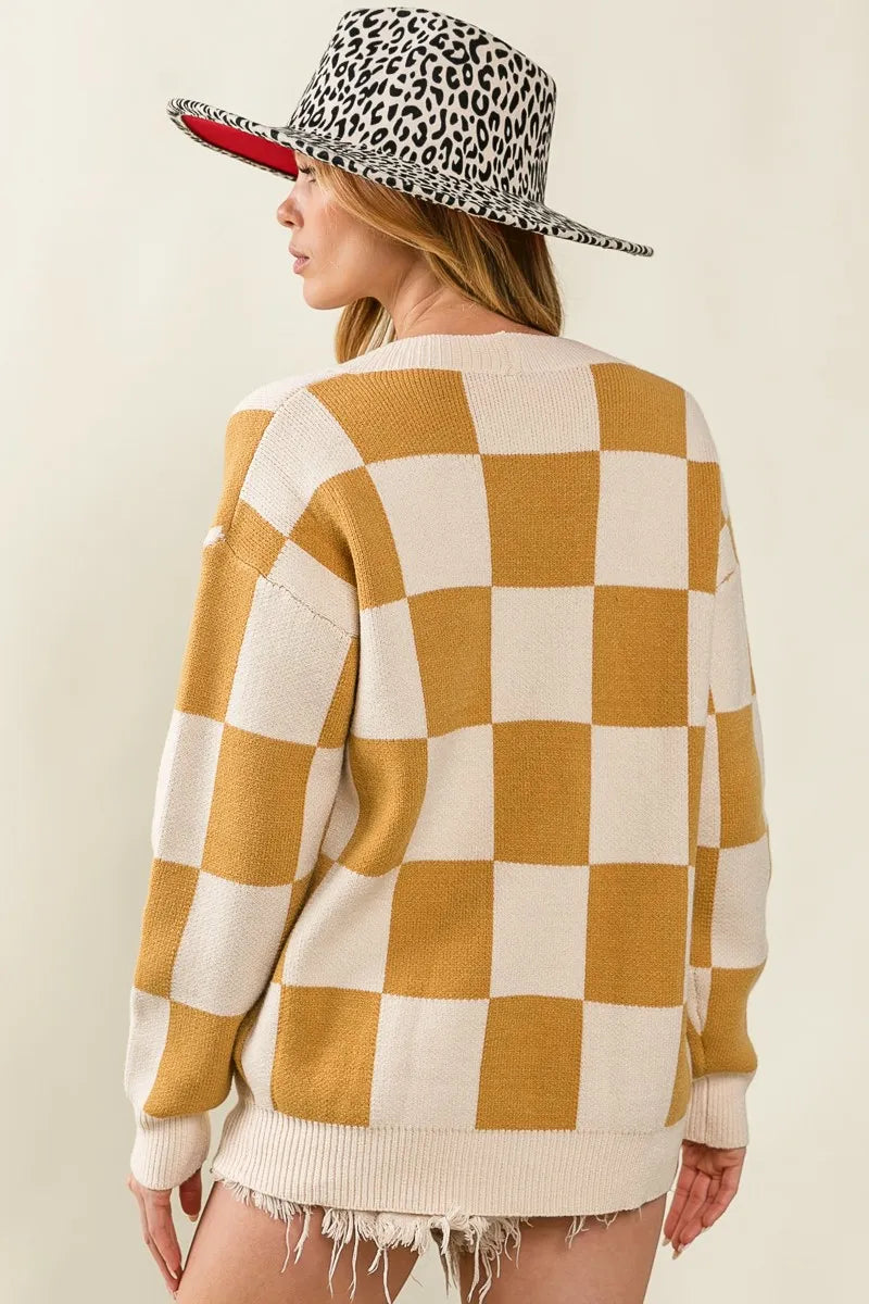 Stylish BiBi Mustard & Cream Checked V-Neck Cardigan with Button Front - Soft Knit Fabric