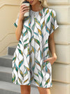 Printed Round Neck Short Sleeve Mini Dress Turquoise