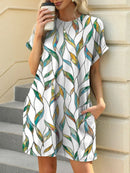 Printed Round Neck Short Sleeve Mini Dress Turquoise