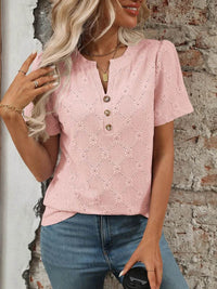 Stylish Eyelet Notched Top with Decorative Buttons - Short Sleeve & Slightly Stretchy, Opaque Fabric - Store 42