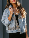 Distressed Leopard Drop Shoulder Denim Jacket Leopard