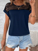 Lace Cutout Round Neck Short Sleeve T-Shirt for Women - 60% Polyester Casual Top - Store 42