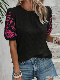 Embroidered Round Neck Short Sleeve Blouse Black