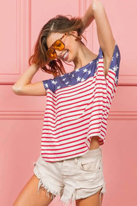 BiBi Star Printed & Stripe Combo Top - Unique Pattern Mixing, 100% Cotton, Slightly Stretchy - Store 42